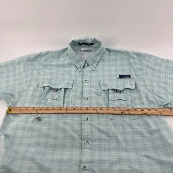 Columbia Super Bahama Plaid Short Sleeve Fishing Shirt Men's M Light Blue - Picture 9 of 9